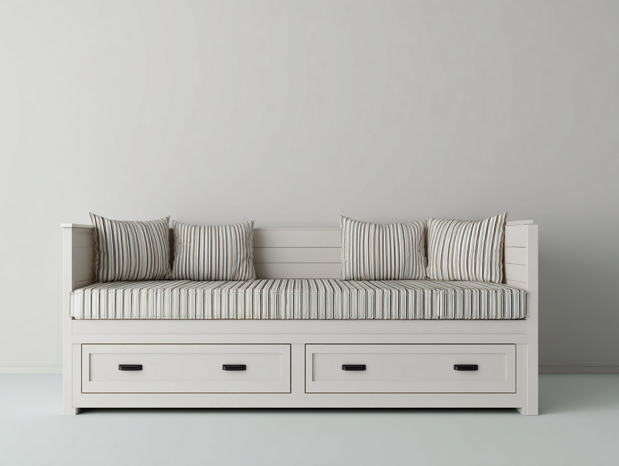 Schlafsofa Holzrahmen mit 2 Schubladen 210x90x82 cm Weiß Beige für Schlafzimmer Landhaus Design