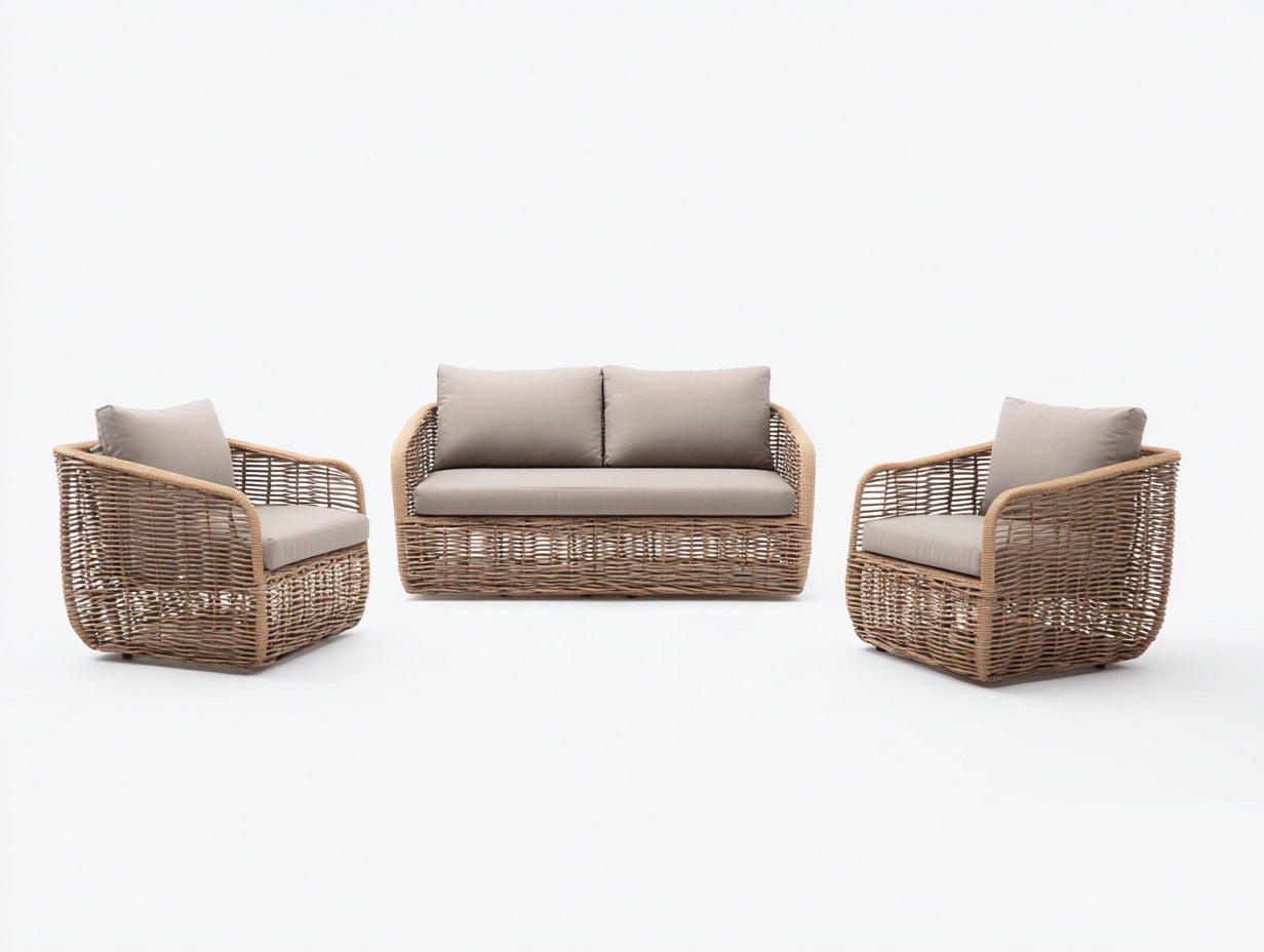 Gartensofa Set Polyrattan Holzoptik 180x75x78 cm Naturbraun Beige für Terrasse Modernes Design