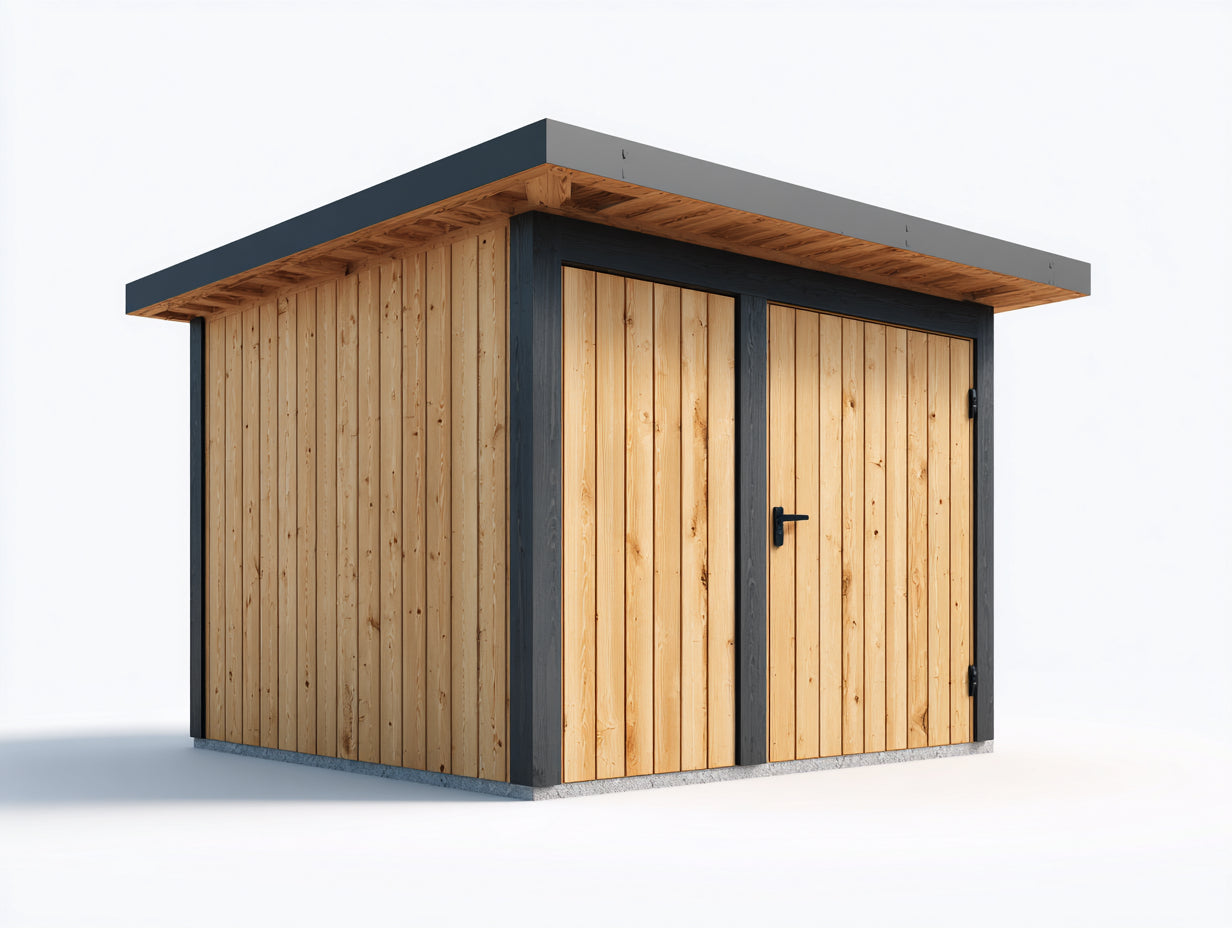 Gartenhäuser Holz 420x300x245 cm - Naturholz und Anthrazit - mit Fronttür und Flachdach