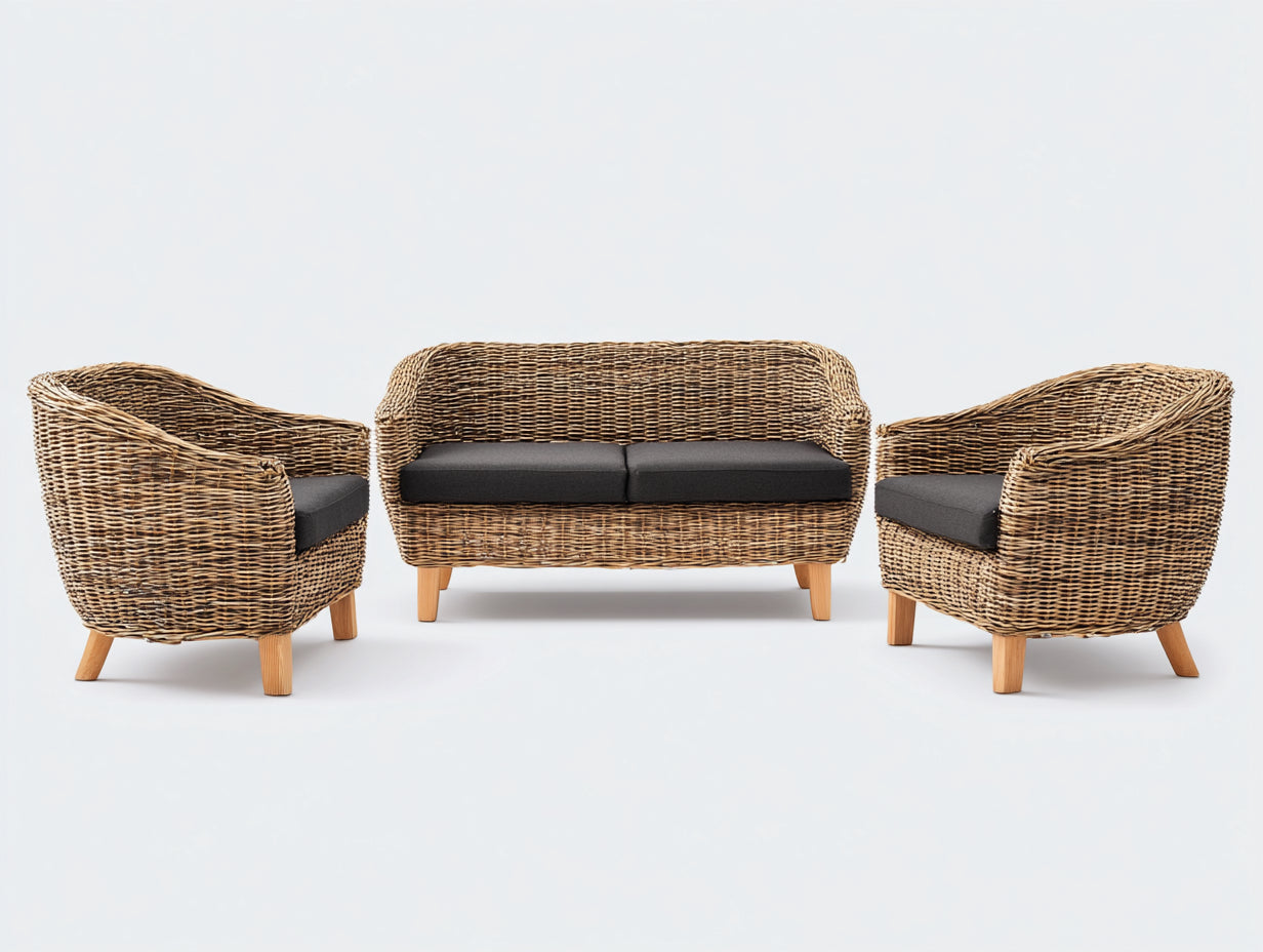 Gartensofa Set Geflecht Holzbeine 170x78x76 cm Naturbraun Anthrazit für Terrasse Modernes Design