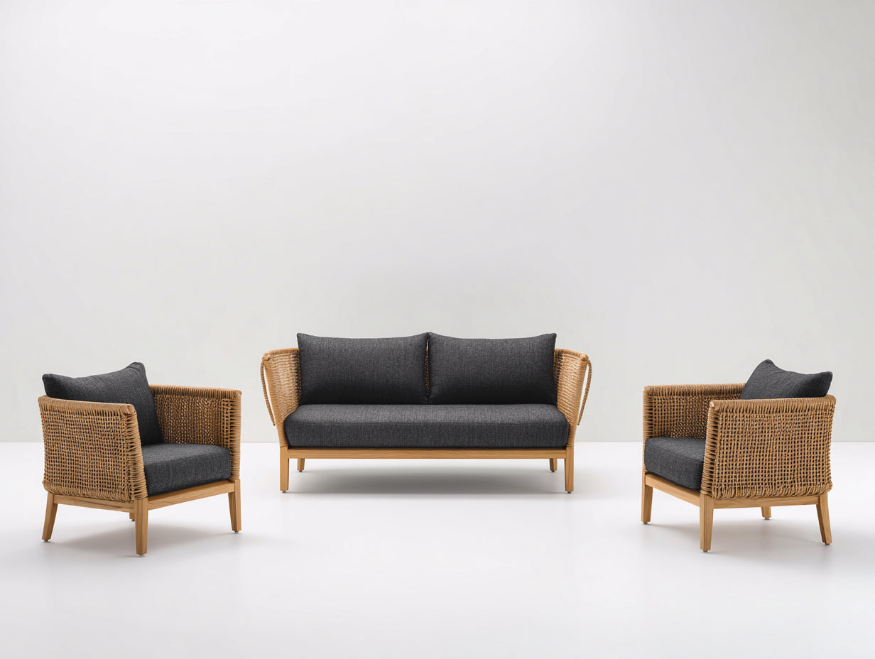 Gartensofa Set Rattanoptik 3 teilig 210x78x76 cm - Natur und Dunkelgrau - mit 2 Sesseln