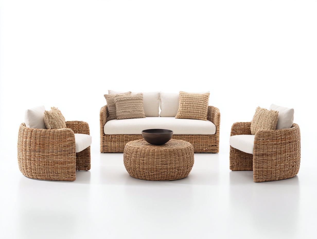 4-teiliges Gartensofa-Set aus Polyrattan 170x80x76 cm - Naturfarben-Cremeweiß - mit rundem Gartentisch