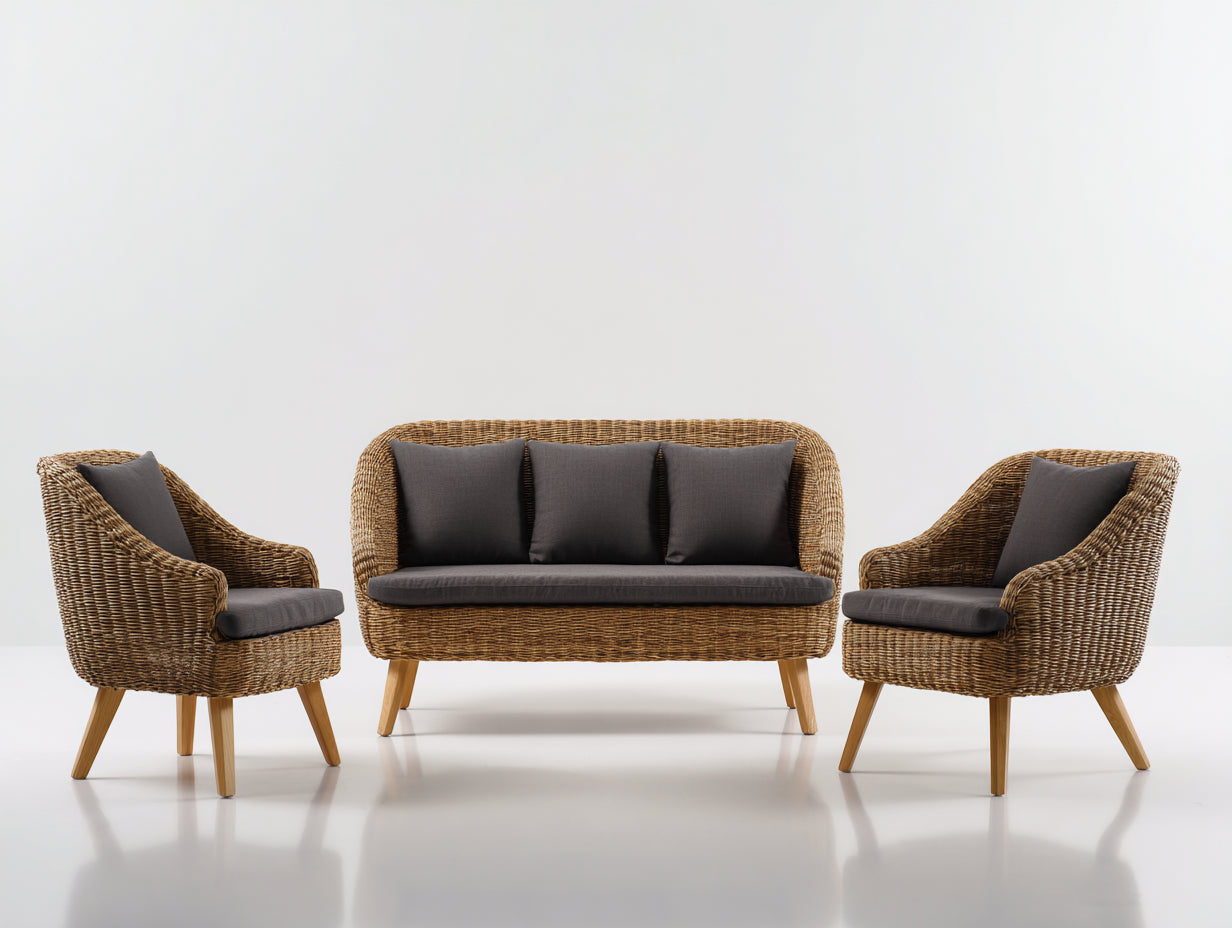 Gartensofa-Set aus Polyrattan mit Holzbeinen 190x82x86 cm - Braun-Dunkelgrau - 3-teilig