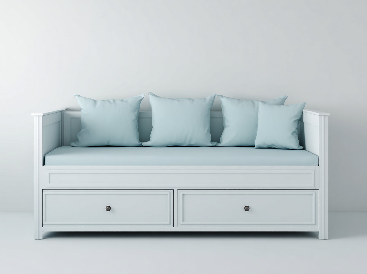 Schlafsofa Holz 200x90x86 cm - Weiß-Hellblau - mit Stauraum und moderner Rahmenform