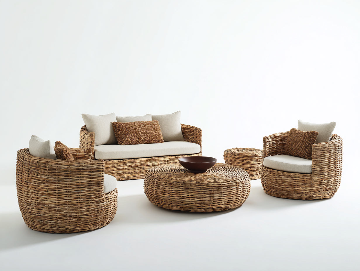 Gartensofa Rattan Natur Beige 210x82x78 cm - Für Terrasse - 5-teiliges Set