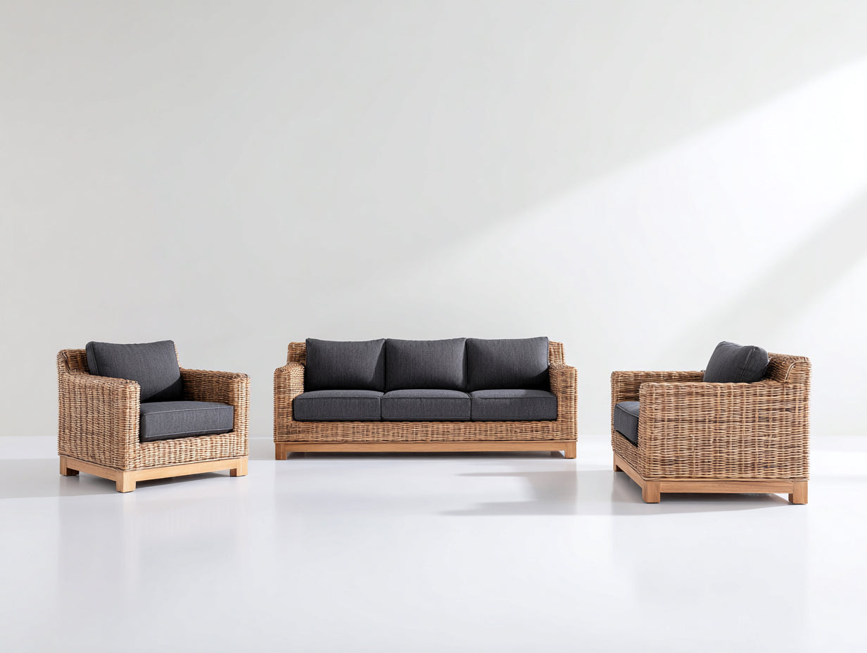 Gartensofa-Set aus Polyrattan mit Holzgestell 196x82x78 cm - Naturfarben-Dunkelgrau - 3-teilig