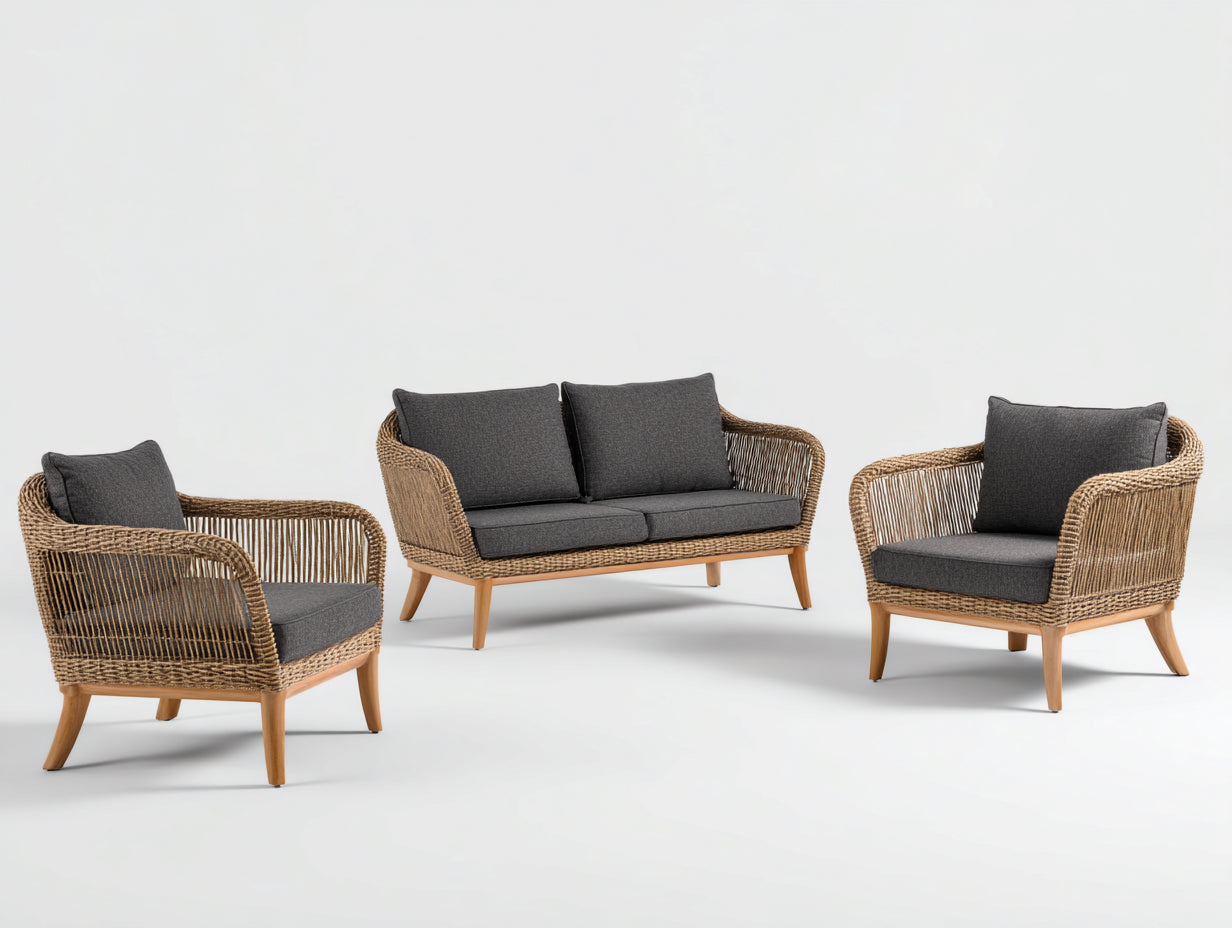 Gartensofa 3-teilig Polyrattan 160x75x78 cm - Natur-Dunkelgrau - für Terrasse und Garten