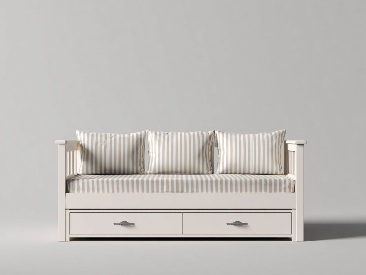Schlafsofa Holz 200x90x84 cm - Weiß-Beige - mit Stauraum und Streifenoptik