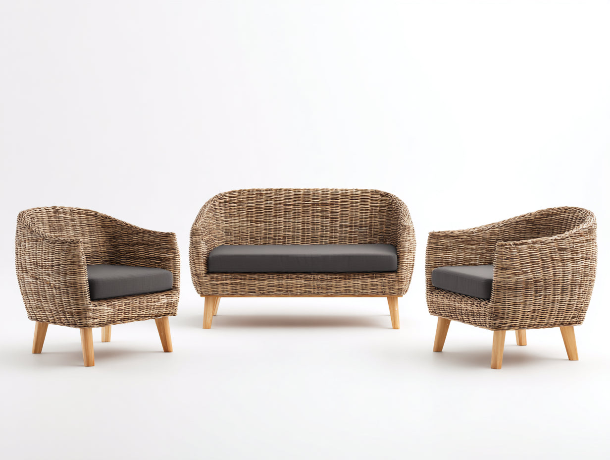Gartensofa Set Rattanoptik 3 teilig 180x76x76 cm - Natur und Dunkelgrau - mit 2 Sesseln