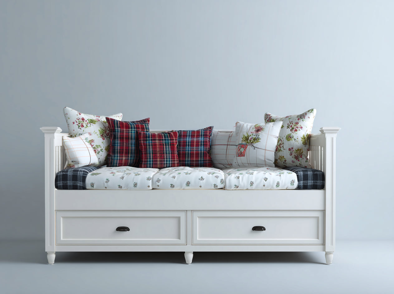 Schlafsofa Holzrahmen mit 2 Schubladen 205x90x85 cm Weiß für Schlafzimmer Landhaus Design